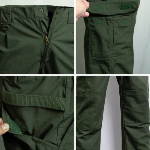 Close-up of green tactical pants showing velcro flap pockets, heavy-duty zippers, and reinforced seams for durability.