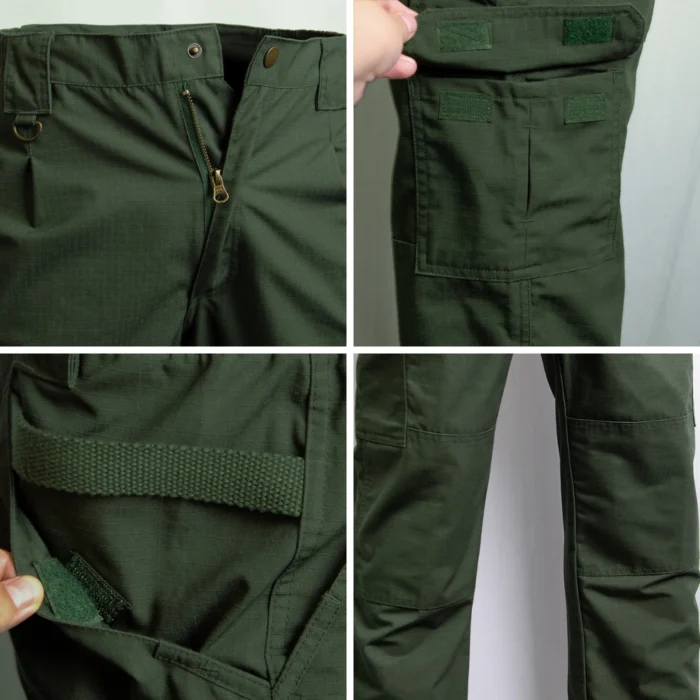 Close-up of green tactical pants showing velcro flap pockets, heavy-duty zippers, and reinforced seams for durability.