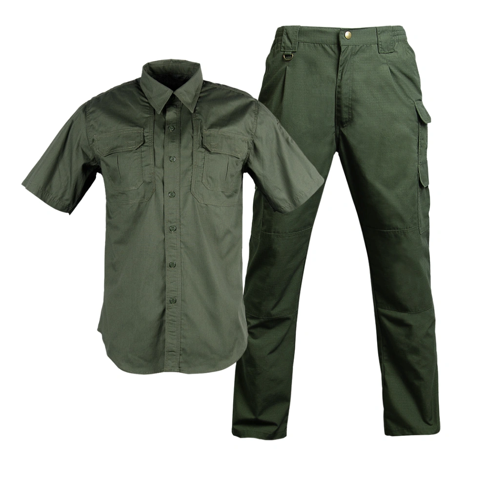 Army green tactical uniform combining a short-sleeve combat shirt and lightweight cargo pants, suitable for tactical and field training.