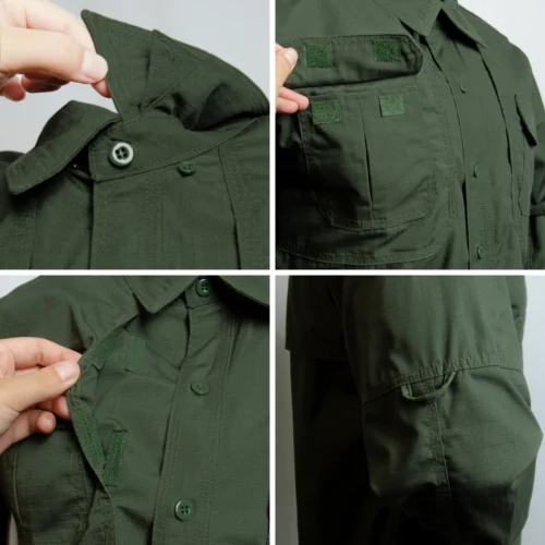 Close-up of tactical combat shirt in green showing reinforced collar, button closure, and velcro pocket design for tactical use.