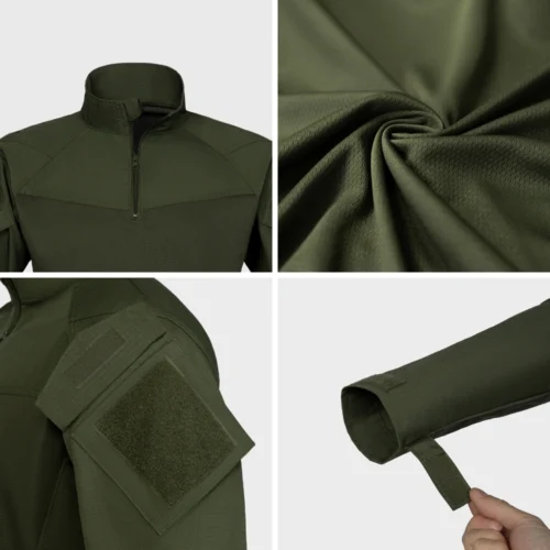 Close-up of tactical shirt in green showing velcro arm patch, zipper collar, and adjustable cuffs for a secure fit.