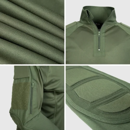 Close-up of green tactical suit showing ripstop fabric texture, zipper collar, velcro arm patch, and padded elbow design for flexibility and durability.
