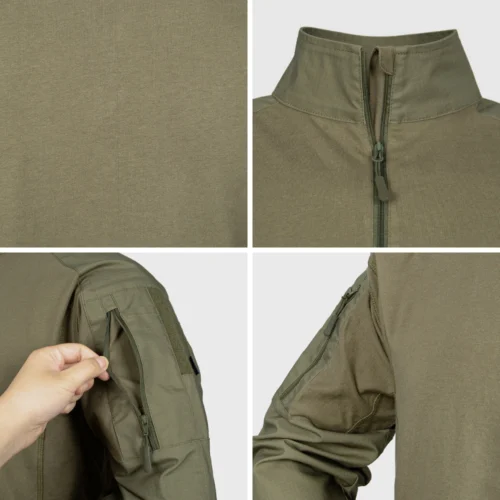 Close-up of army green tactical shirt showing breathable fabric, half-zip collar, and sleeve zipper pocket with velcro patch.