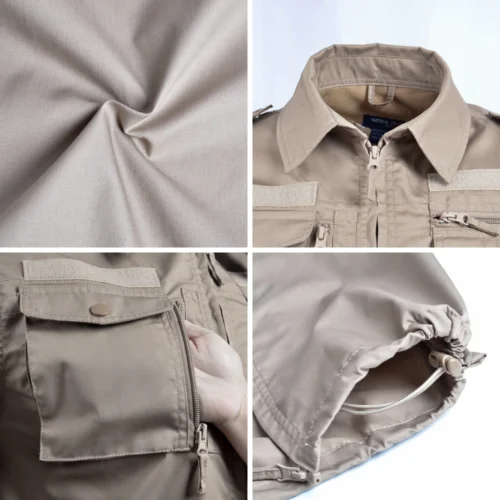 Close-up of khaki tactical apparel showing durable ripstop fabric, zippered pocket, adjustable hem cord, and reinforced collar stitching.