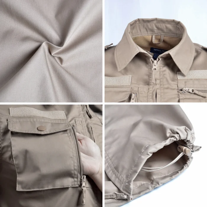 Close-up of khaki tactical apparel showing durable ripstop fabric, zippered pocket, adjustable hem cord, and reinforced collar stitching.