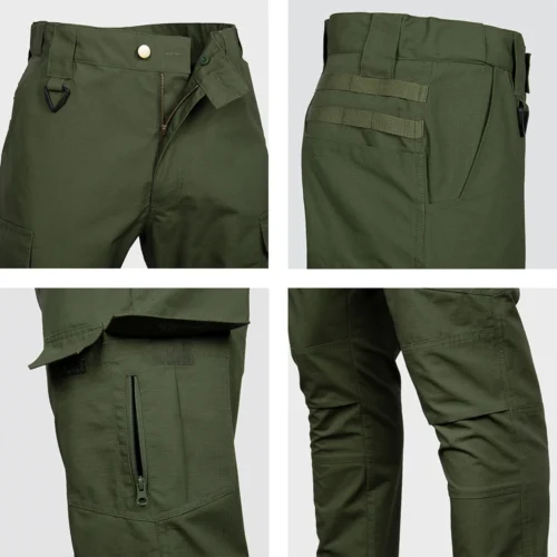 Close-up details of cargo tactical pants showing metal zipper, side pocket, D-ring hook, and durable ripstop fabric texture.