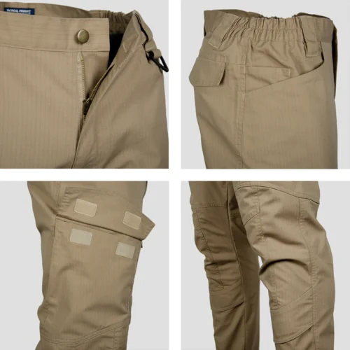 Close-up details of ripstop tactical pants showing durable stitching, elastic waistband, and cargo pocket design for outdoor performance.