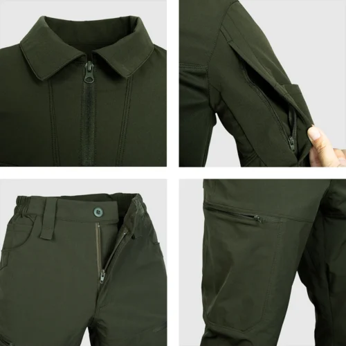 Close-up of tactical uniform showing zipper, pocket structure, and sleeve detail, highlighting functional design and durable fabric quality.