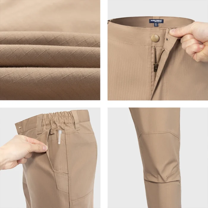 Close-up details of waterproof tactical pants showing ripstop fabric texture, metal zipper, elastic waistband, and reinforced stitching for durability.