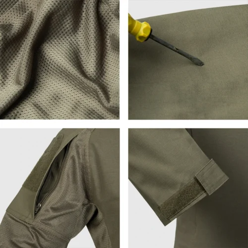 Detailed view of tactical suit fabric showing breathable mesh material, reinforced stitching, and adjustable velcro sleeve cuff.