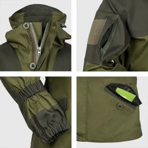 Close-up of tactical apparel pants showing adjustable straps, dual-button closure, zipper, and elastic cuffs for better fit and movement.