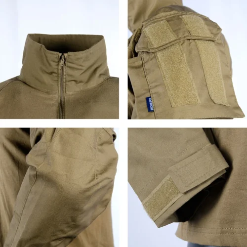 Detailed view of tactical suit combat shirt featuring zipper collar, velcro sleeve pocket, and durable fabric suitable for combat and outdoor wear.
