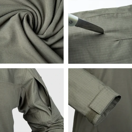 Detailed view of tactical shirt showing ripstop fabric texture, sleeve zipper pocket, and adjustable cuff for mobility and comfort.