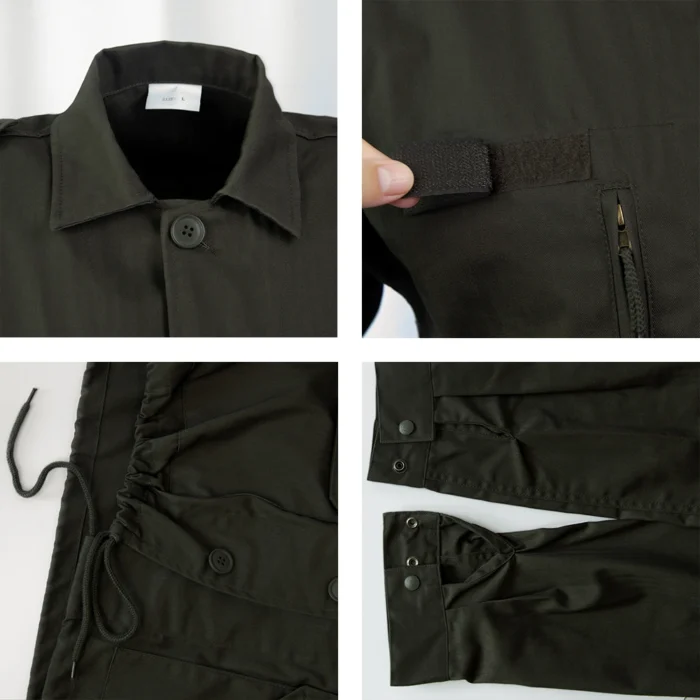 Close-up of tactical apparel jacket showing velcro strap, adjustable cuffs, and drawstring waist for functional field performance.