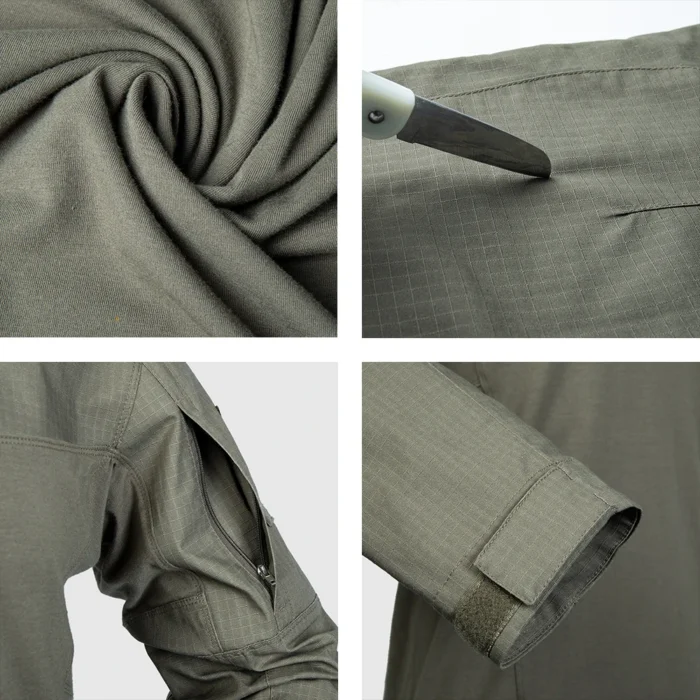 Detailed view of tactical shirt showing ripstop fabric texture, sleeve zipper pocket, and adjustable cuff for mobility and comfort.