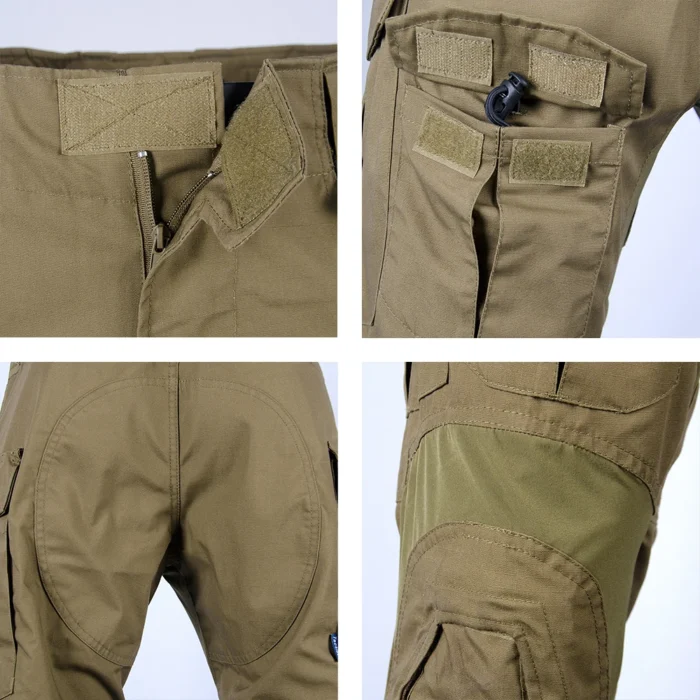 Close-up of tactical suit pants showing reinforced stitching, velcro pockets, ripstop fabric, and adjustable closures for field performance.
