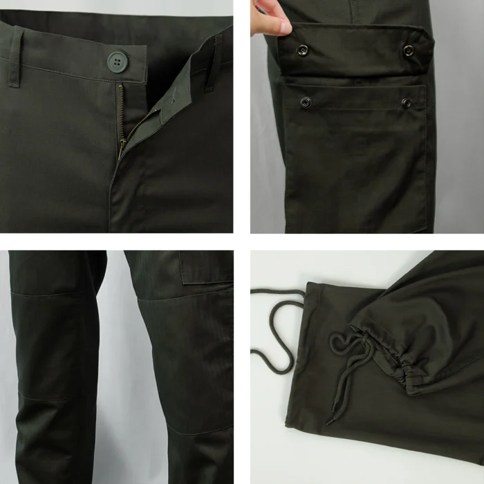 Close-up of tactical apparel pants showing cargo pockets, buttoned closures, zippers, and drawstring cuffs for adjustable fit.