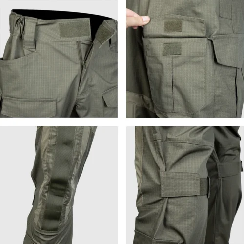 Close-up of tactical pants showing durable ripstop fabric, reinforced knee patches, and multiple utility pockets for field operations.
