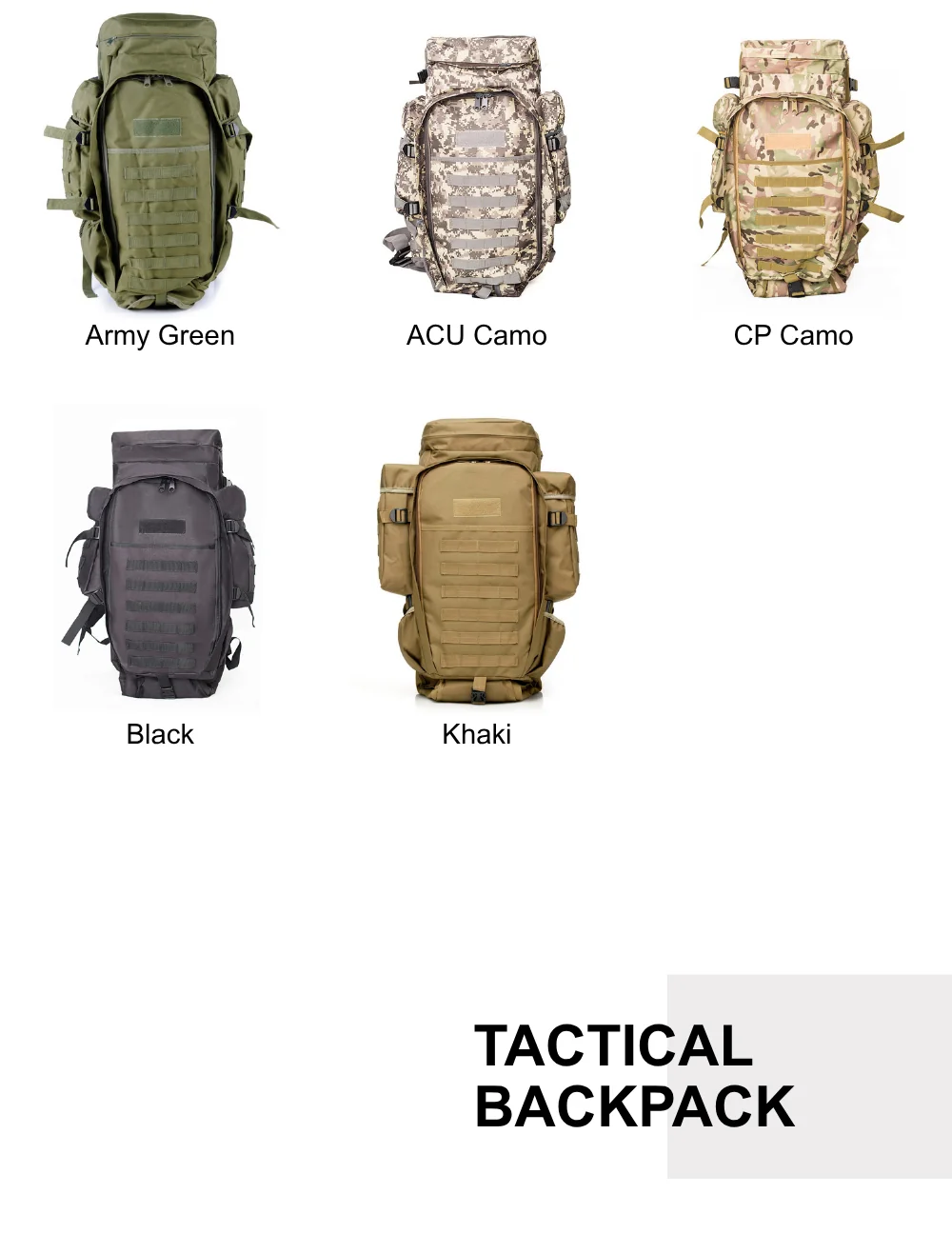 Full color range of tactical backpacks including camo and solid tones, ideal for military supply, outdoor gear, and OEM orders.