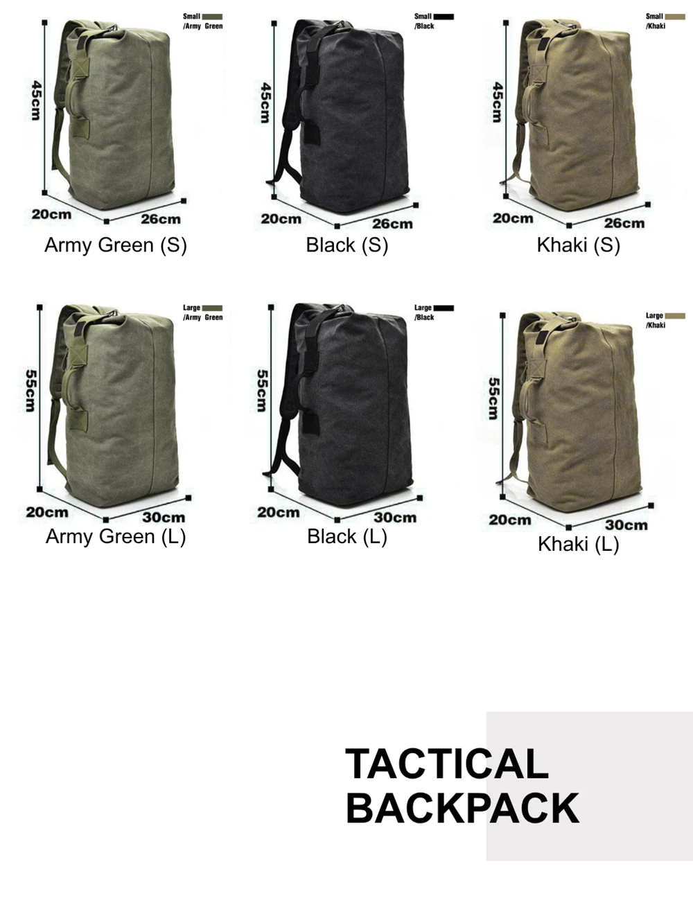 Multi-color Canvas Duffel Bag collection including army green, black, and khaki. Ideal for military supply, outdoor gear wholesalers, and bulk procurement.