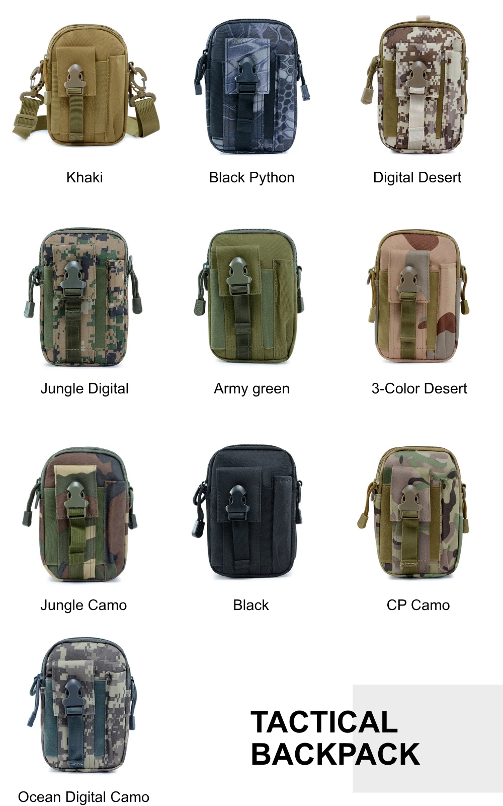 Color collection of tactical waist bags available in black, khaki, army green, digital camo, jungle camo, CP camo, and more. MOLLE compatible design.