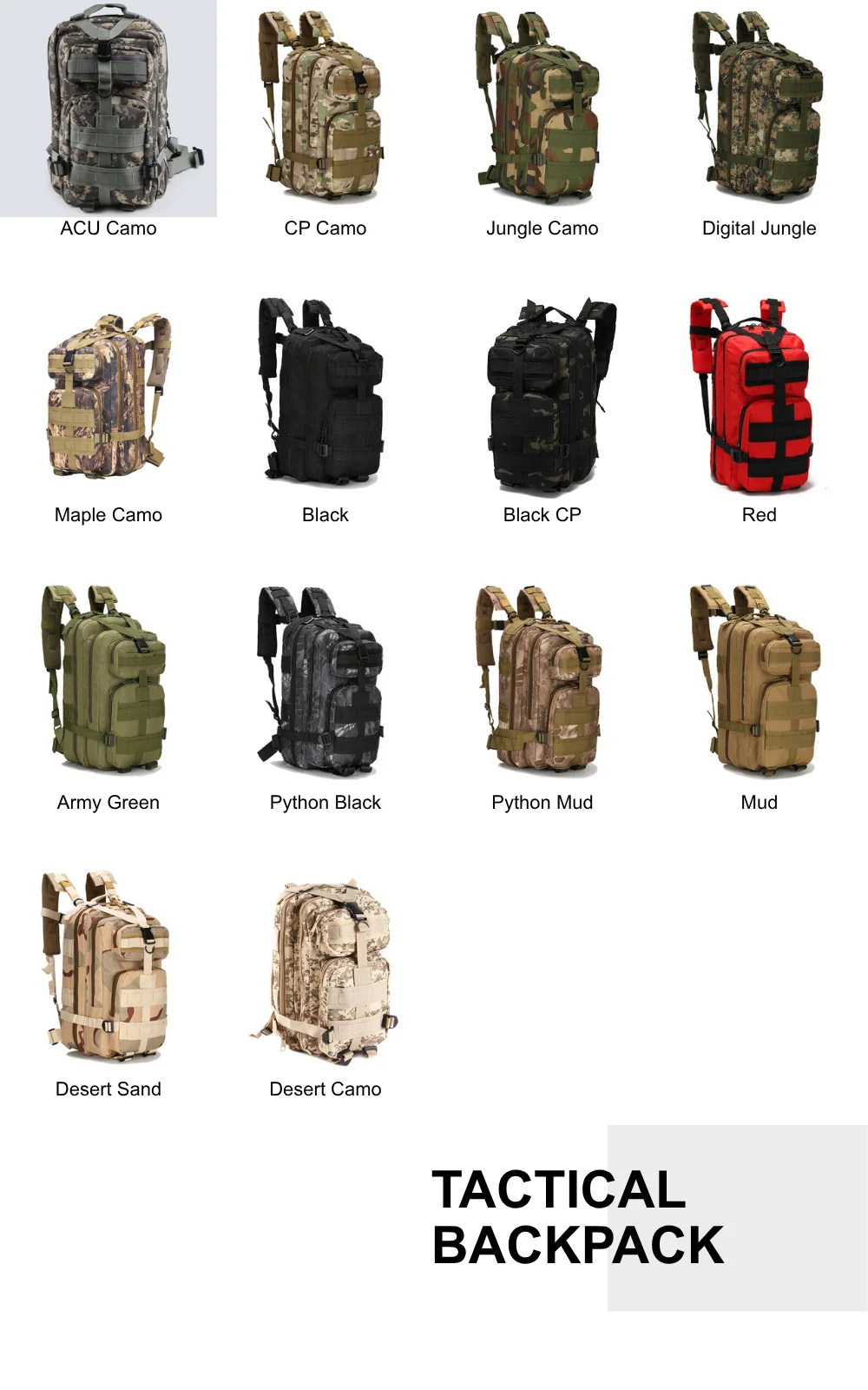 Full collection of tactical backpacks available in ACU, CP, Black, Army Green, Python camo, Desert camo and more for OEM/ODM orders.