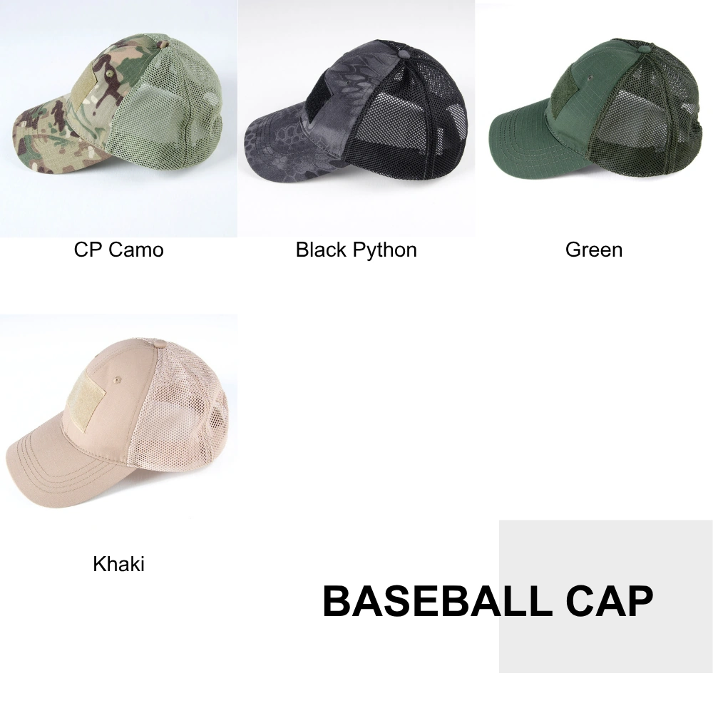 Color variations of tactical ball caps including CP camo, black python, green and khaki. Mesh-back design with Velcro patch panel for military and outdoor use.