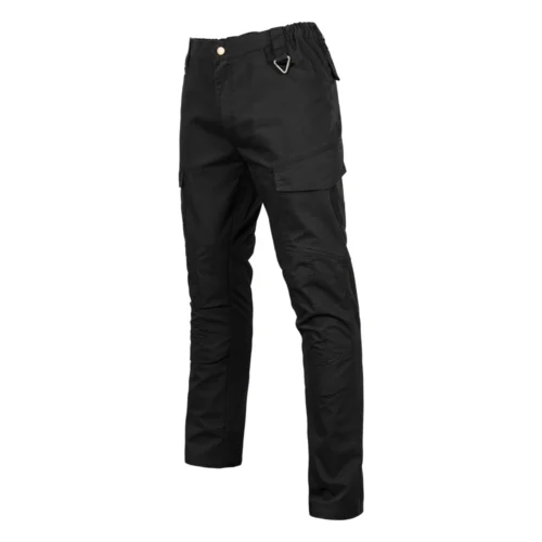 Black ripstop tactical pants for men with reinforced knees, utility pockets, and rip-resistant fabric ideal for outdoor or tactical use.
