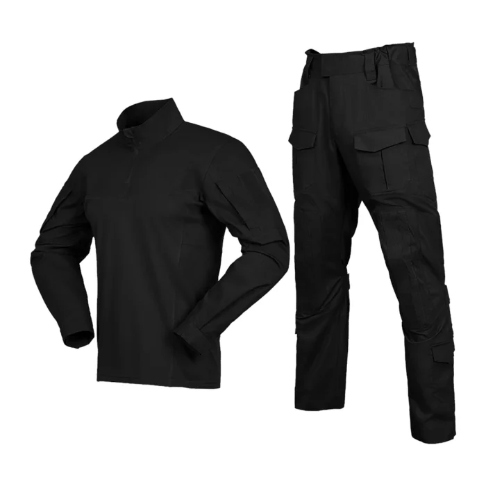 Black tactical uniform set made of ripstop polyester-cotton fabric with multiple pockets and ergonomic fit for field training.