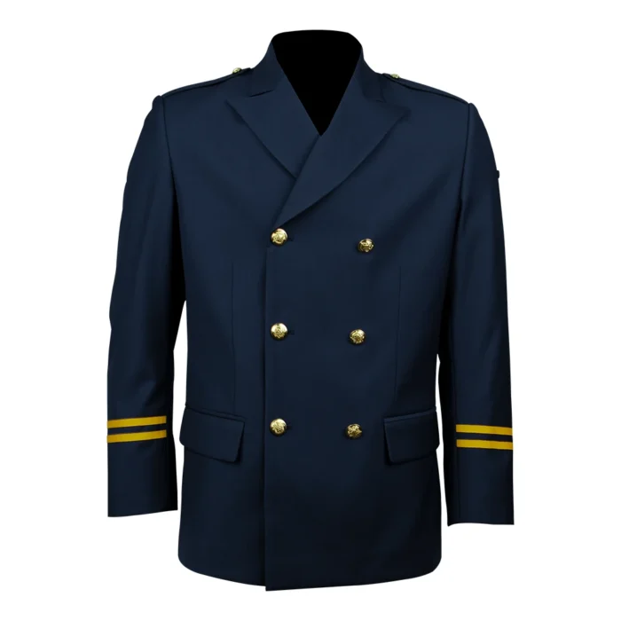 Formal security officer uniform jacket in navy blue with double-breasted buttons, structured shoulders and tailored fit for professional security teams.