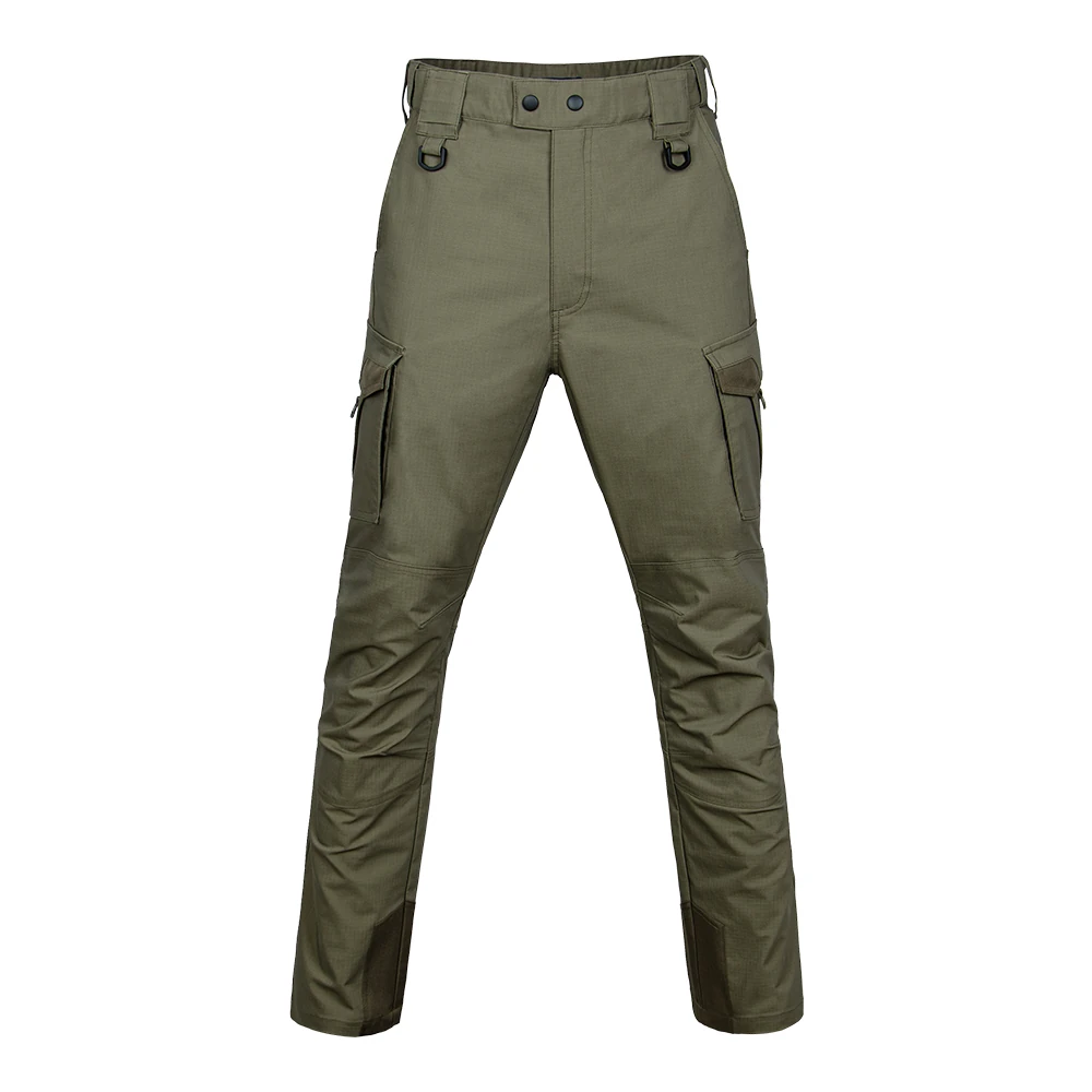 Army green tactical cargo pants front view with ergonomic cut and multiple cargo pockets, designed for tactical, outdoor and workwear applications.