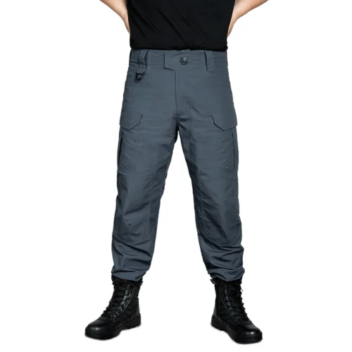 Grey tactical work pants front view featuring a clean professional profile, reinforced knee area and practical design for daily work and tactical use.