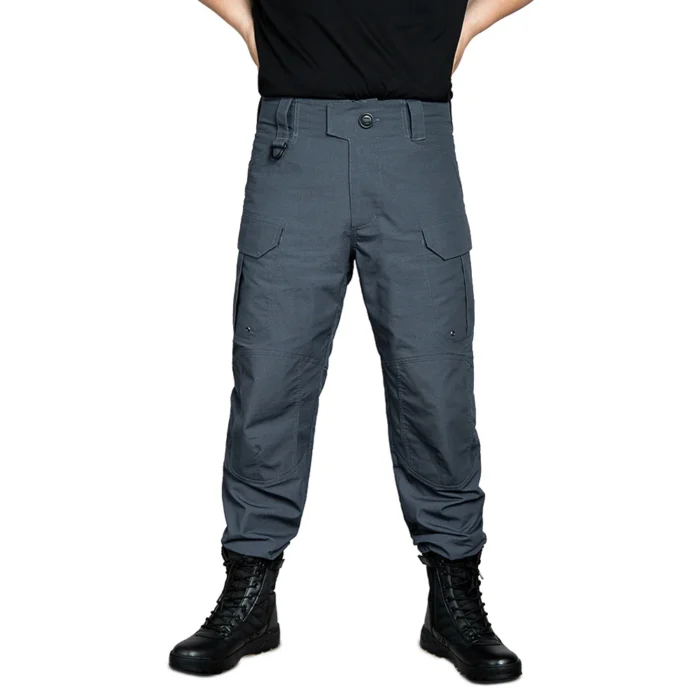Grey tactical work pants front view featuring a clean professional profile, reinforced knee area and practical design for daily work and tactical use.