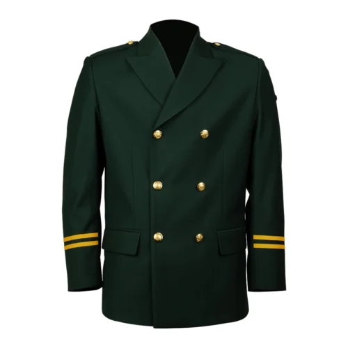 Dark green double breasted security officer uniform jacket with structured shoulders and formal cut, ideal for security officers, supervisors and corporate security uniforms.