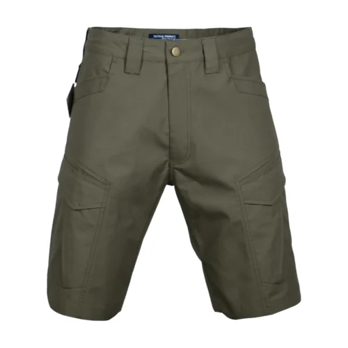 Front view of tactical shorts featuring reinforced seat construction, durable fabric, and functional fit for outdoor, security, and training applications.