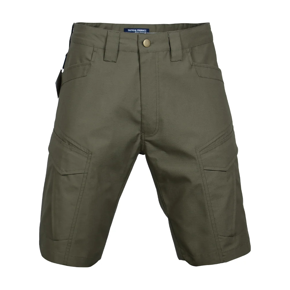 Front view of tactical shorts featuring reinforced seat construction, durable fabric, and functional fit for outdoor, security, and training applications.