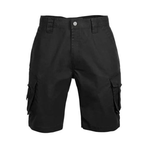 Front angled view of black tactical cargo shorts featuring multi-pocket layout, durable fabric, and functional cut for outdoor, security, and duty use.