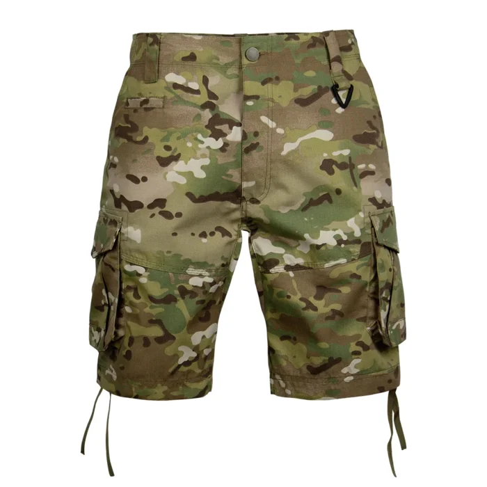 Tactical Cargo Shorts Multicam | Front View Utility Design Front view of multicam tactical cargo shorts featuring durable fabric, multi-pocket layout, and functional cut for tactical, outdoor, and duty applications.
