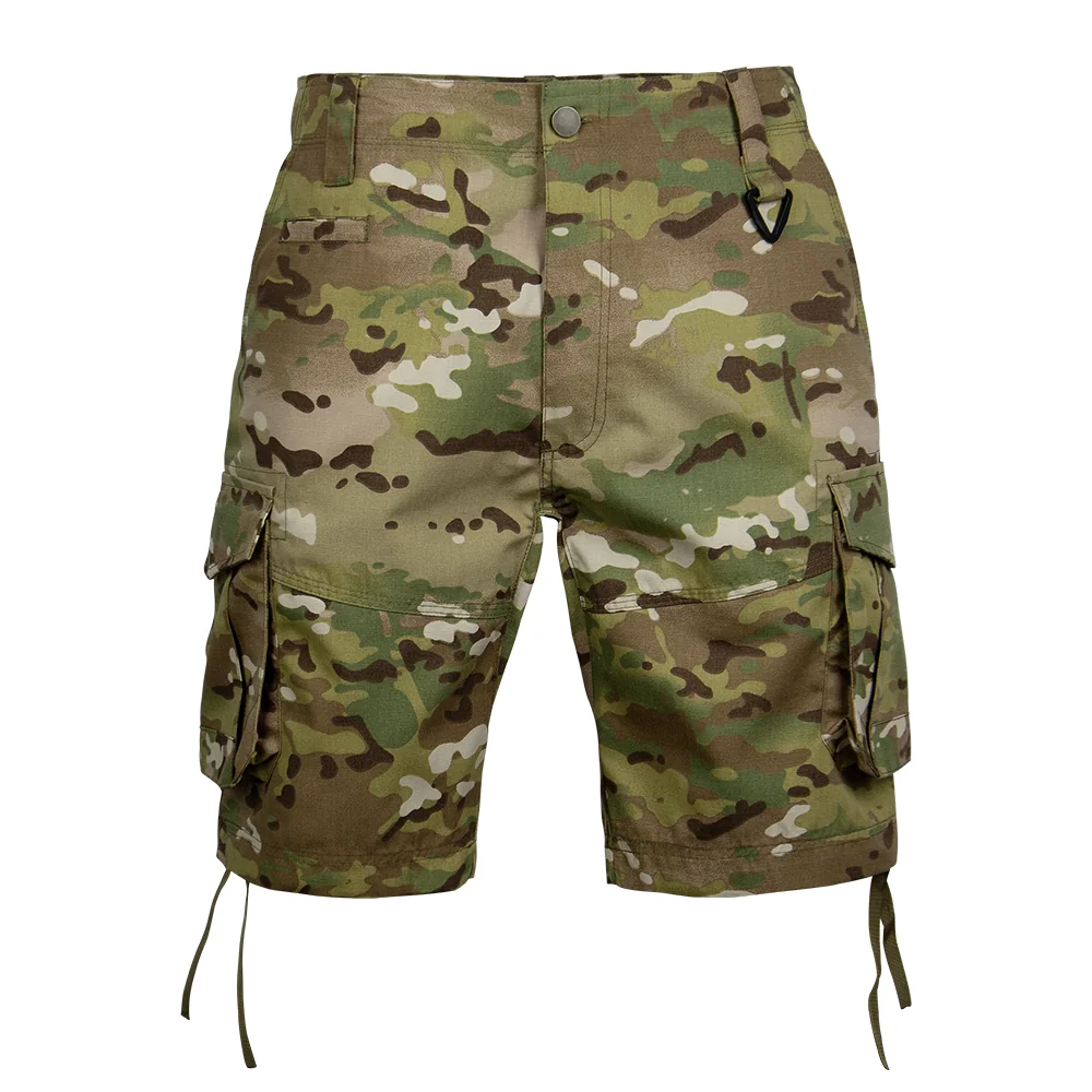 Front view of multicam tactical cargo shorts featuring durable fabric, multi-pocket layout, and functional cut for tactical, outdoor, and duty applications.