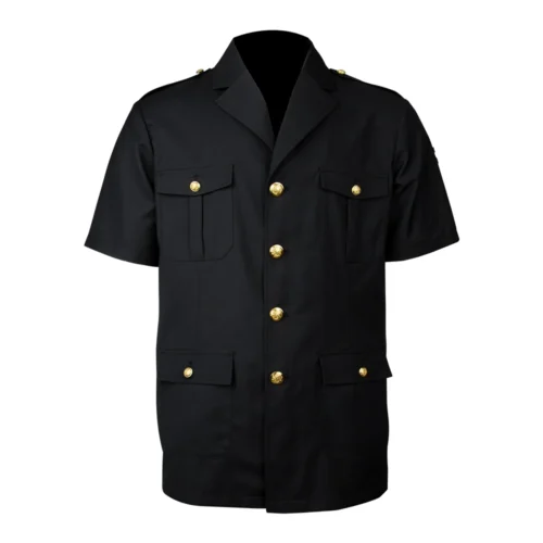 Black short sleeve security guard uniform shirt with gold buttons and chest pockets, designed for professional security personnel and duty use.