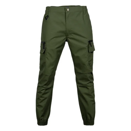 Front view of army green tactical pants featuring a clean fit, multi-pocket layout and durable construction for military, security and outdoor operations.