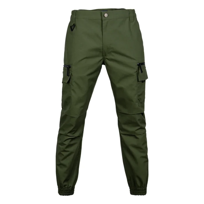 Front view of army green tactical pants featuring a clean fit, multi-pocket layout and durable construction for military, security and outdoor operations.