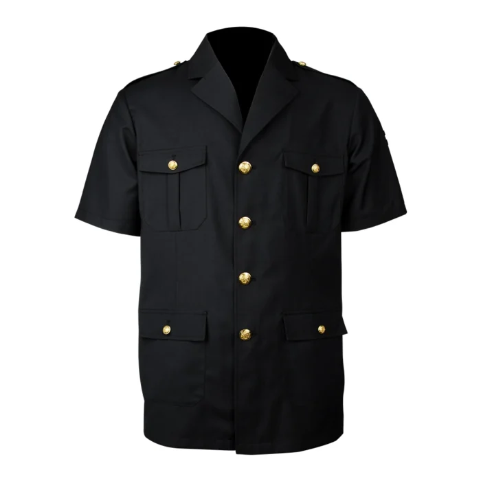 Black short sleeve security guard uniform shirt with gold buttons and chest pockets, designed for professional security personnel and duty use.
