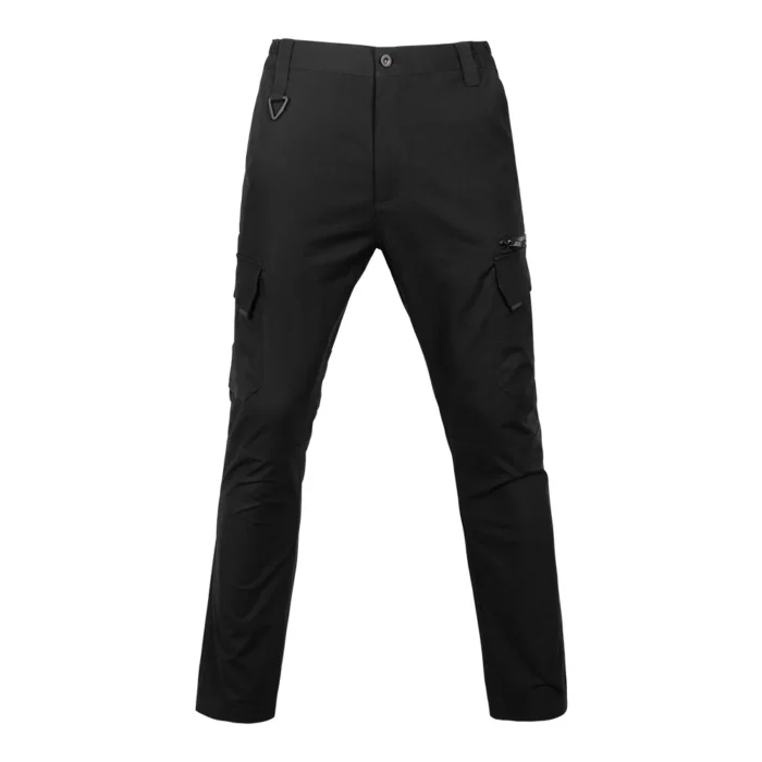 Front view of black tactical pants featuring a clean silhouette, multi-pocket layout, and durable construction for tactical and security applications.