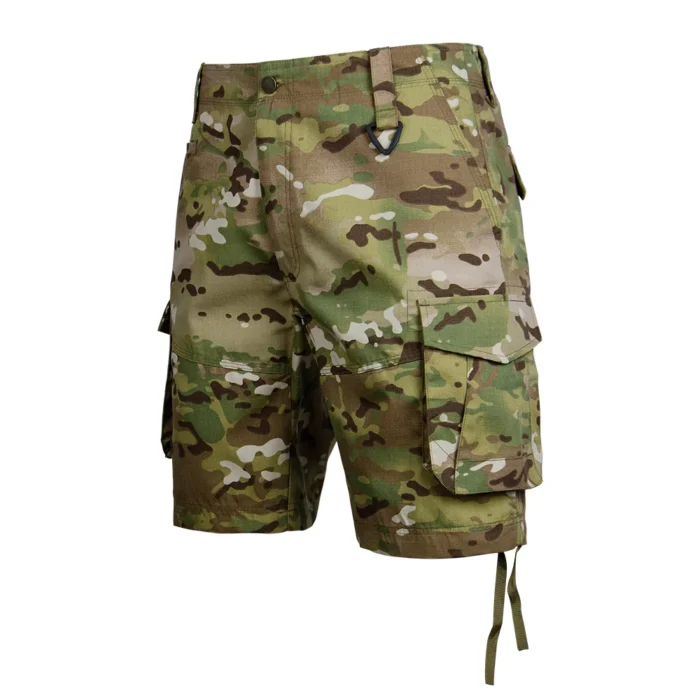 Detailed view of tactical cargo shorts cargo pocket and adjustable leg hem with drawstring, providing flexible fit and functional storage.