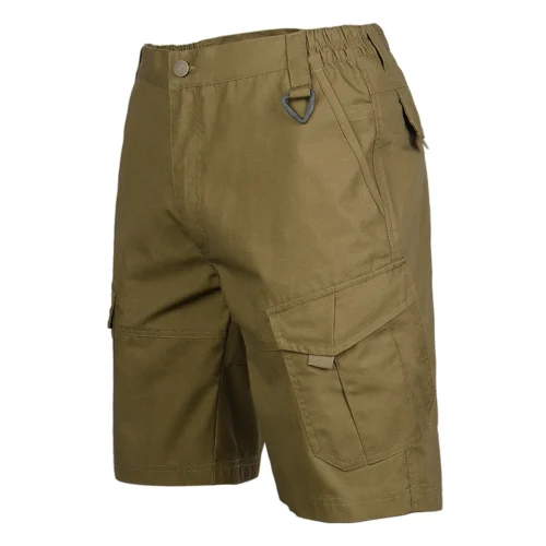 Angled side view of tactical cargo shorts showing ergonomic cut, balanced pocket placement, and reinforced construction for active field use.