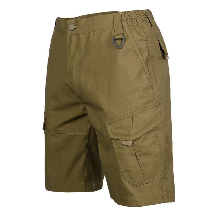 Angled side view of tactical cargo shorts showing ergonomic cut, balanced pocket placement, and reinforced construction for active field use.