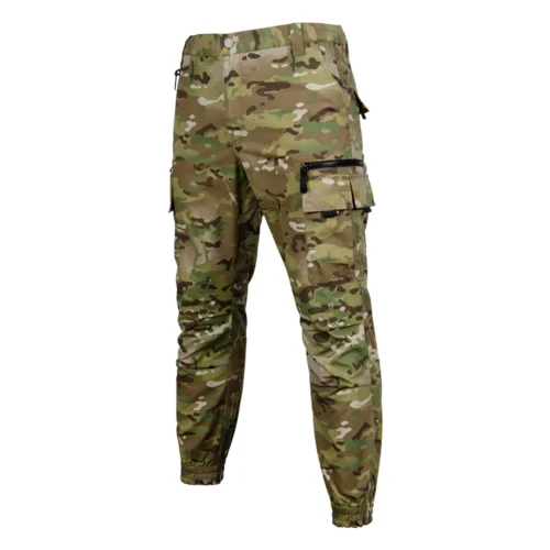 Left 45-degree side view of CP camo tactical pants highlighting cargo pocket placement, ergonomic cut and combat-ready design.