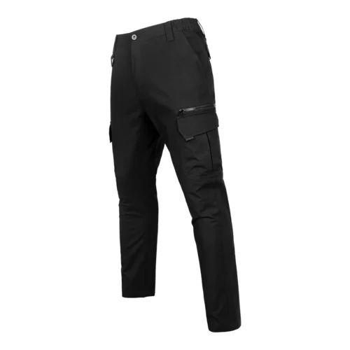 45-degree side view of black tactical pants highlighting ergonomic cut and practical cargo pockets for professional tactical missions.
