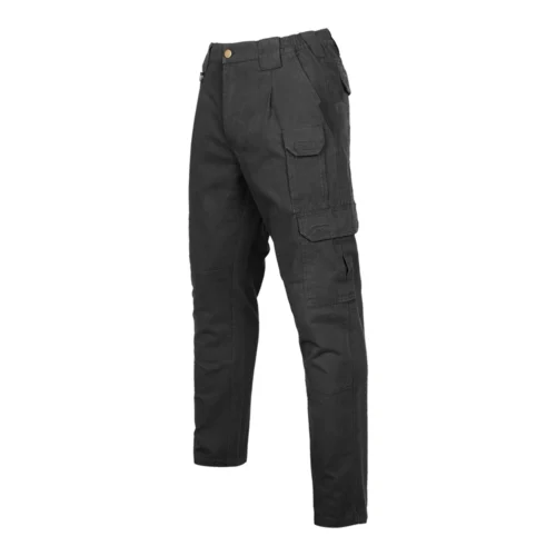 45-degree side view of black tactical casual pants highlighting the modern utility style and ergonomic cut for casual and tactical-inspired wear.